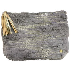 Stephanie Johnson Makeup Accessory Pouch Silver Gray/Gold, Fur Sequined & Tassel